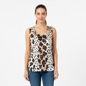 ST. JOHN 100% Silk Beige Tan Black Sleeveless Animal Print Tank Top Sz L